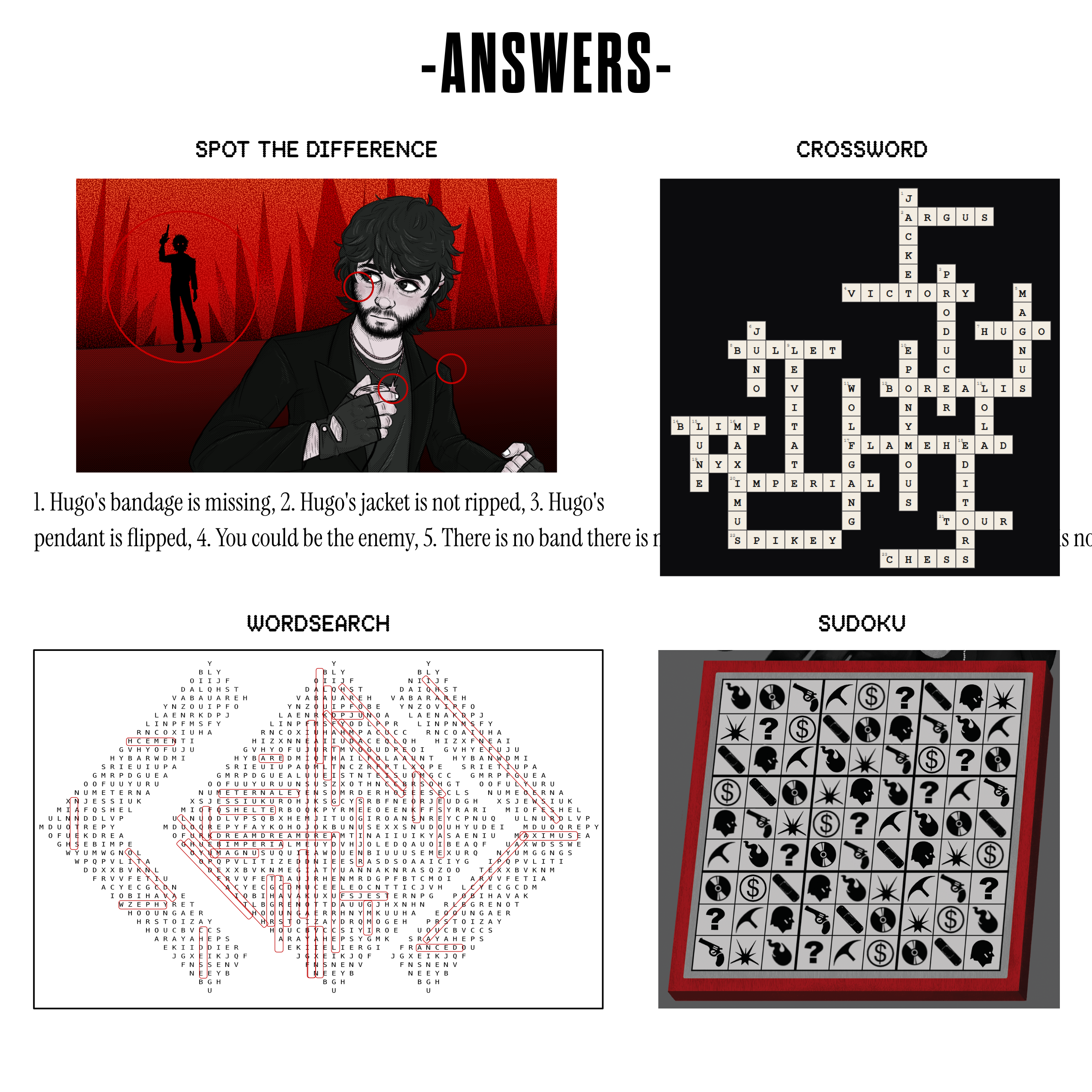 Answers for the puzzles page of the zine